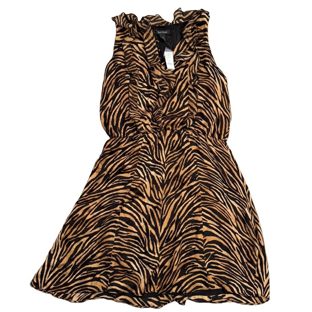 NWT White House Black Market Silk Zebra Ruffle Dress Women's 14 Animal Print